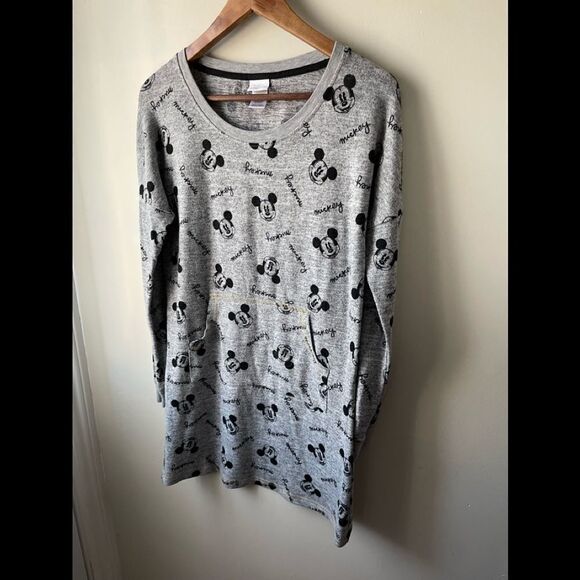 DISNEY long sleeve grey scoop neck Mickey Mouse night gown in kangaroo pocket - Picture 3 of 9